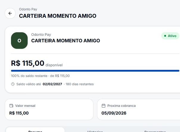 Exemplo do painel da carteira OdontoPay mostrando saldo, validade e próxima cobrança